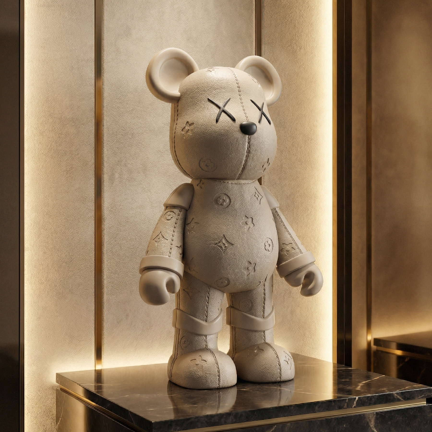 Atelier Home™ The LV Bear™ plush teddy bear with designer-style LV-inspired logo and soft, textured fabric.