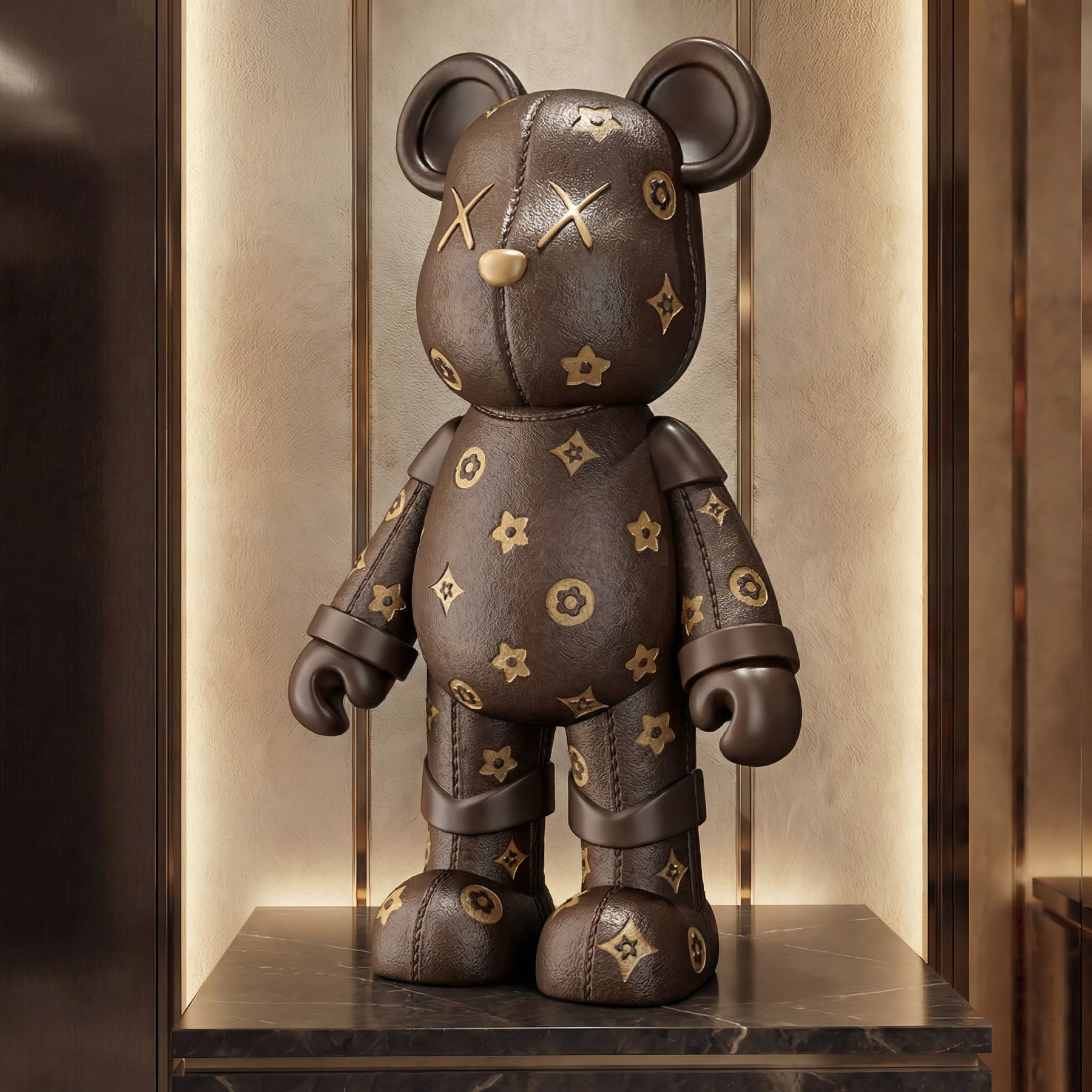 Atelier Home™ The LV Bear™ plush teddy bear with designer-inspired LV pattern and soft fabric, ideal for decorative and cuddly use.